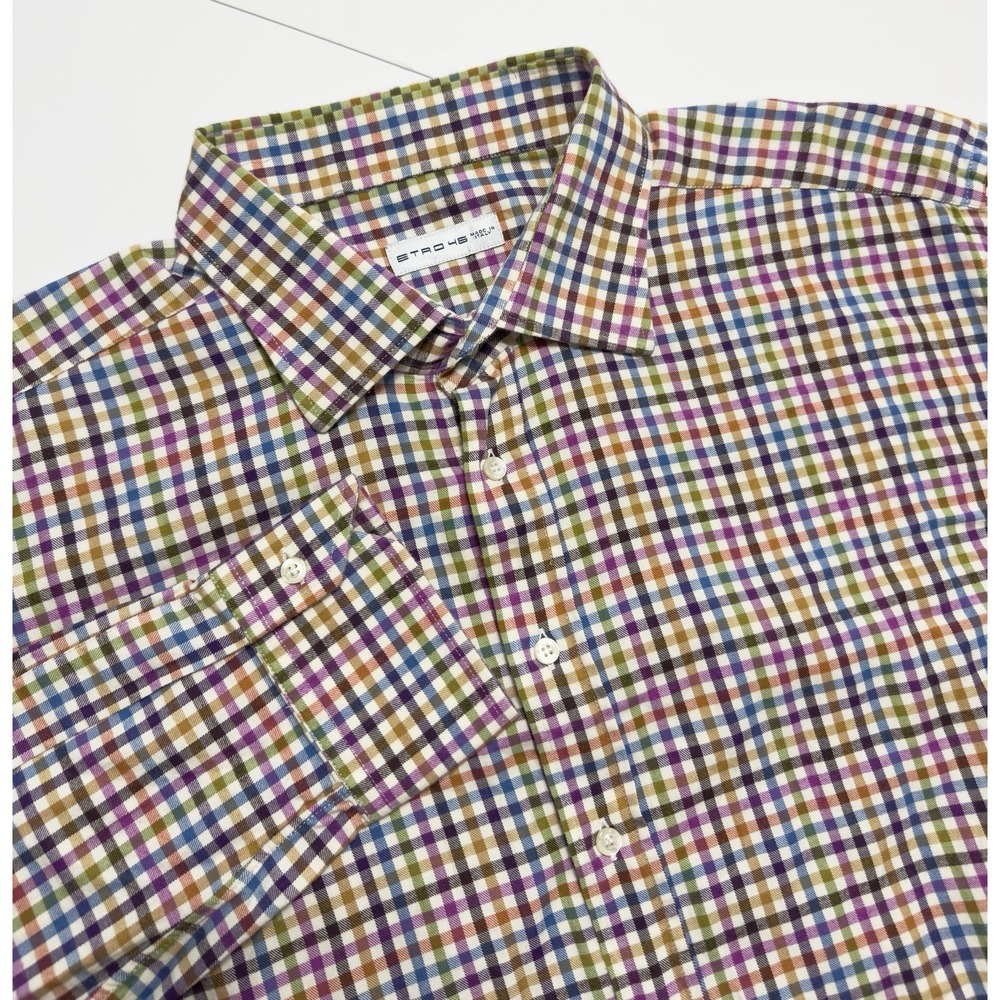 Etro Milano Mens Button Down Shirt Size IT 46 US 2XL Colorful Check Cotton Italy